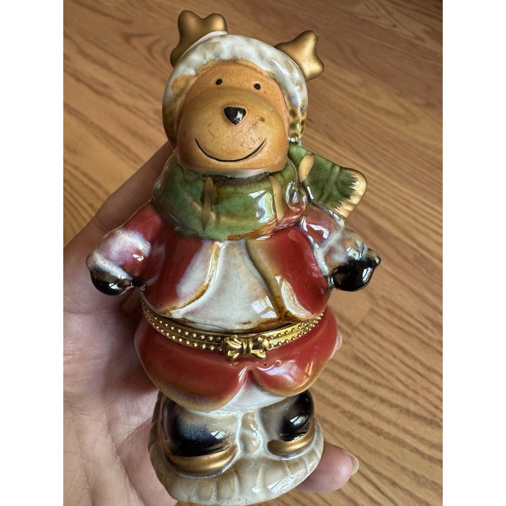 Porcelain Limoge Box Christmas Hinged Trinket Box Santa Reindeer 4.5"